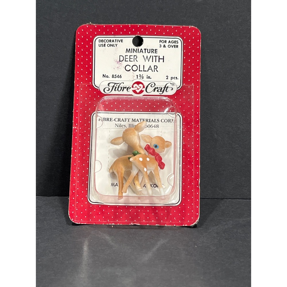 Vintage Fibre-Craft Miniature Deer with Collar 2 Pcs Set No 8546 Retro Christmas